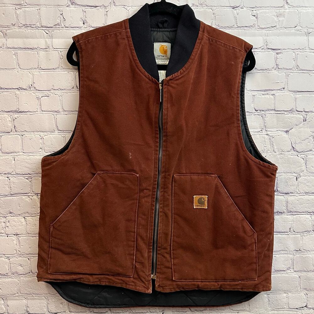 Vintage Carhartt Clay Red Quilted Duck Canvas Workwear Vest Men's Large V02 CLY